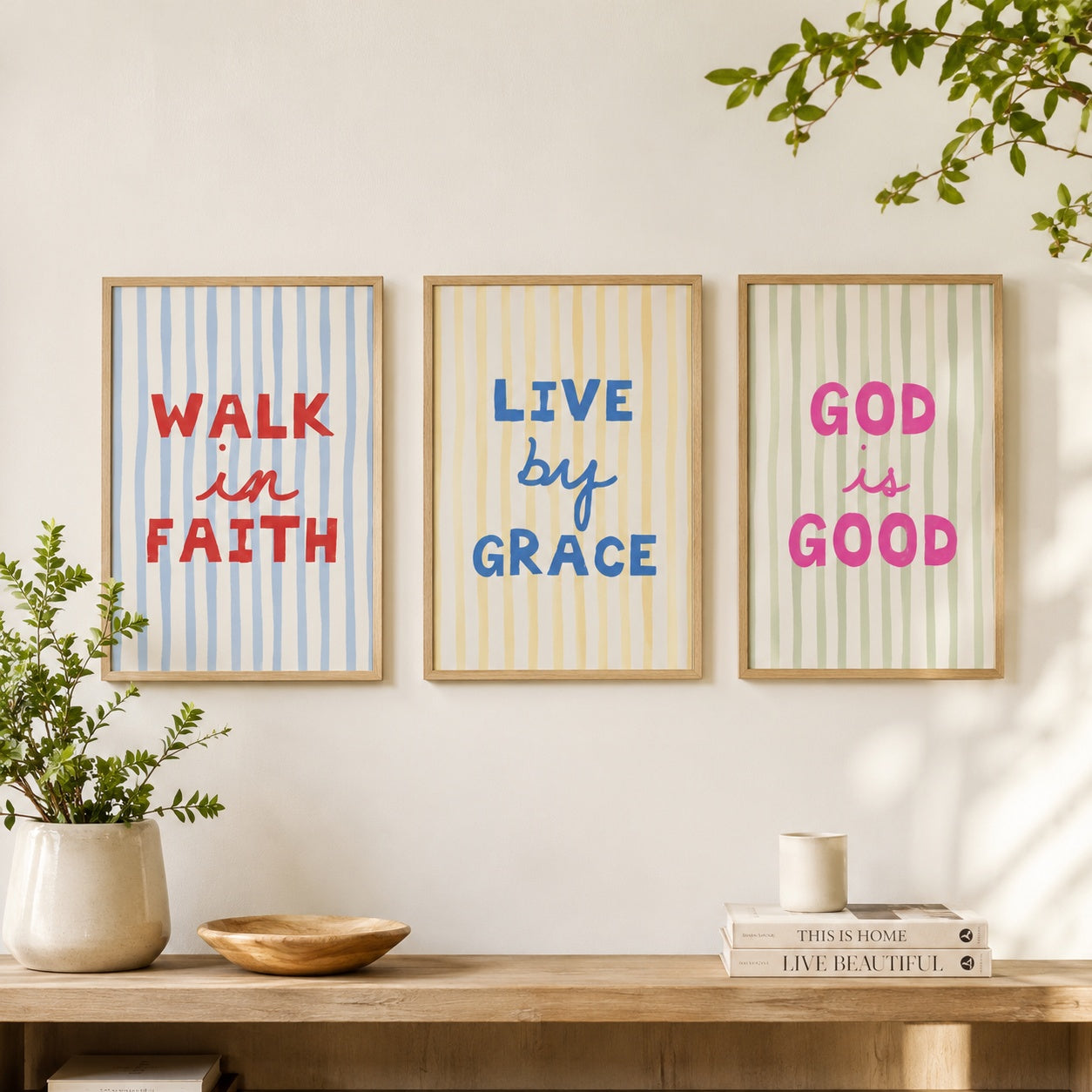 Set of 3 Christian Wall Art Poster, Walk in Faith Live by Grace God Is Good Posters, Colorful Bible Quote Prints, Faith-Based Home Decor PTSET01