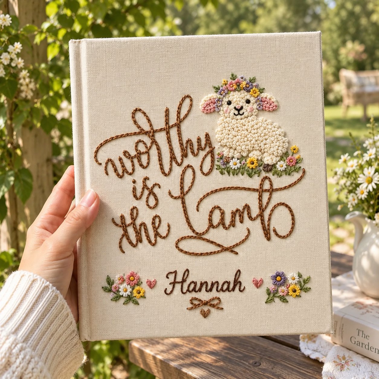 Personalized Hand Embroidered Journal, Floral Lamb Notebook, Custom Name Linen Bible Journal, Christian Gift for Women, Faith Notebook NB06