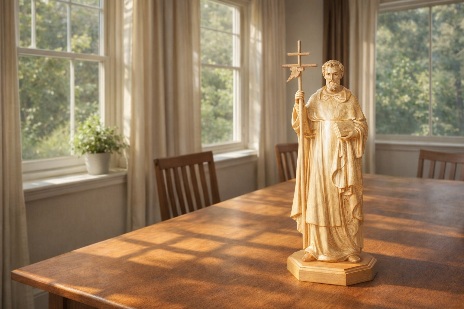 Statue of Saint Benedict, Handcrafted Wooden Statue, Saint Benedict Holding a Cross and Book, Religious Decoration for Home and Church