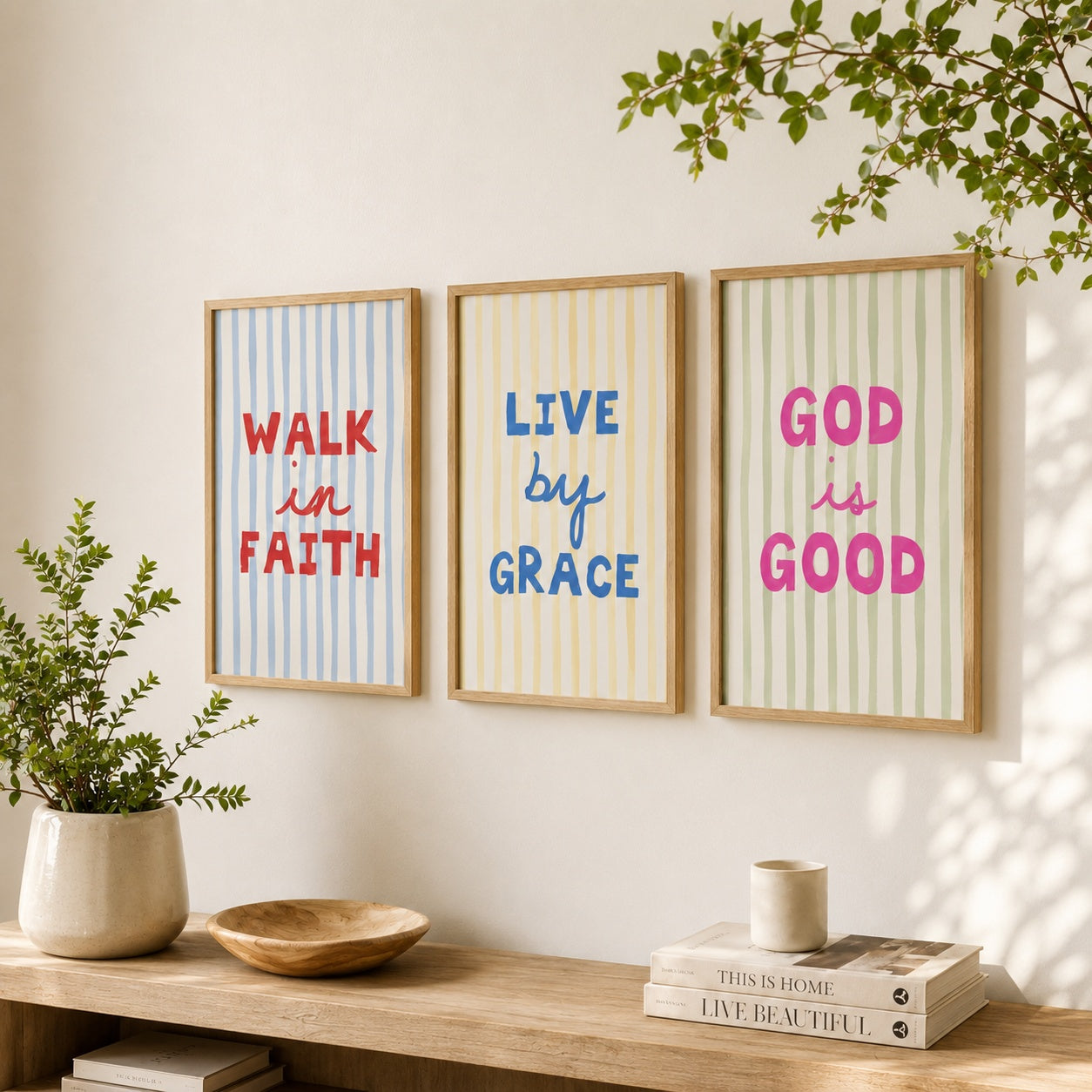 Set of 3 Christian Wall Art Poster, Walk in Faith Live by Grace God Is Good Posters, Colorful Bible Quote Prints, Faith-Based Home Decor PTSET01
