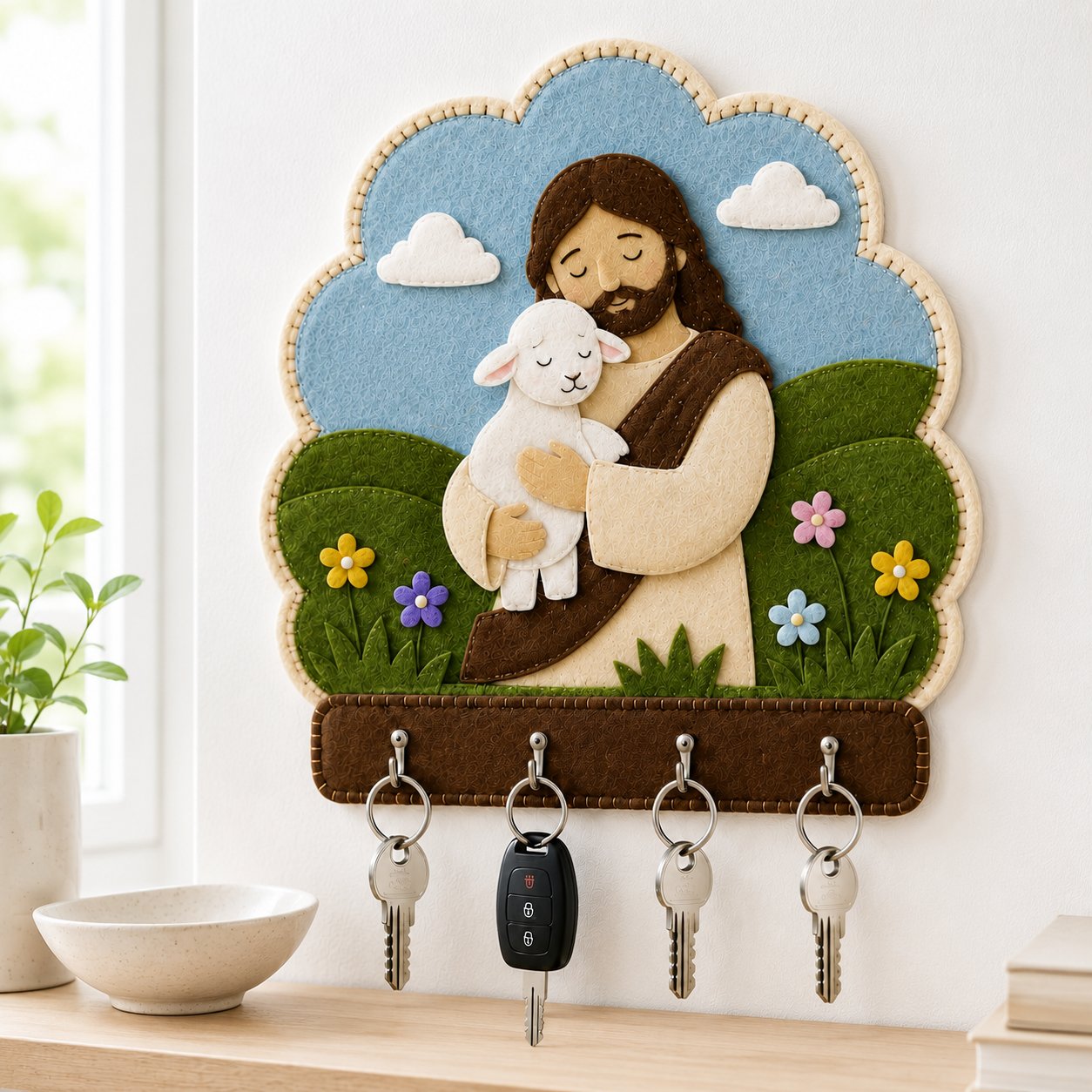 Jesus with Lamb Wall Felt Key Holder, Christian Wall Key Rack, Handmade Catholic Home Decor, Religious Housewarming Gift, Felt Custom FELTHD02