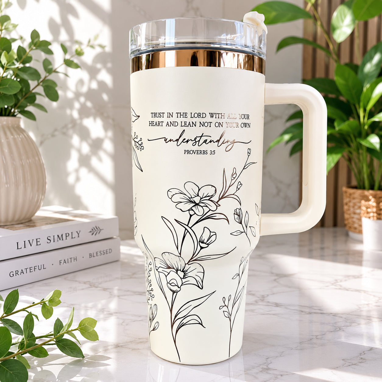Christian Floral Tumbler with Handle, Proverbs 3:5 Bible Verse Insulated Travel Cup, Faith Gift, Inspirational Christian Tumbler LAFN02