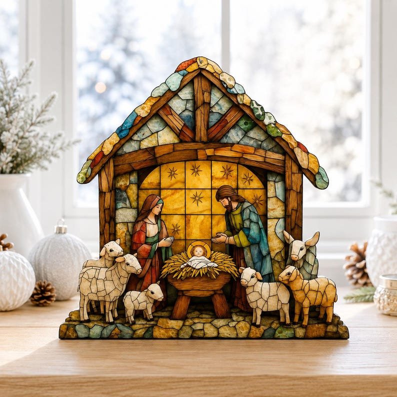 Silent Night Holy Night Nativity Wooden Sign, Christian Christmas Decor, Rustic Jesus Manger Scene, Religious Holiday Tabletop Gift WSXM02