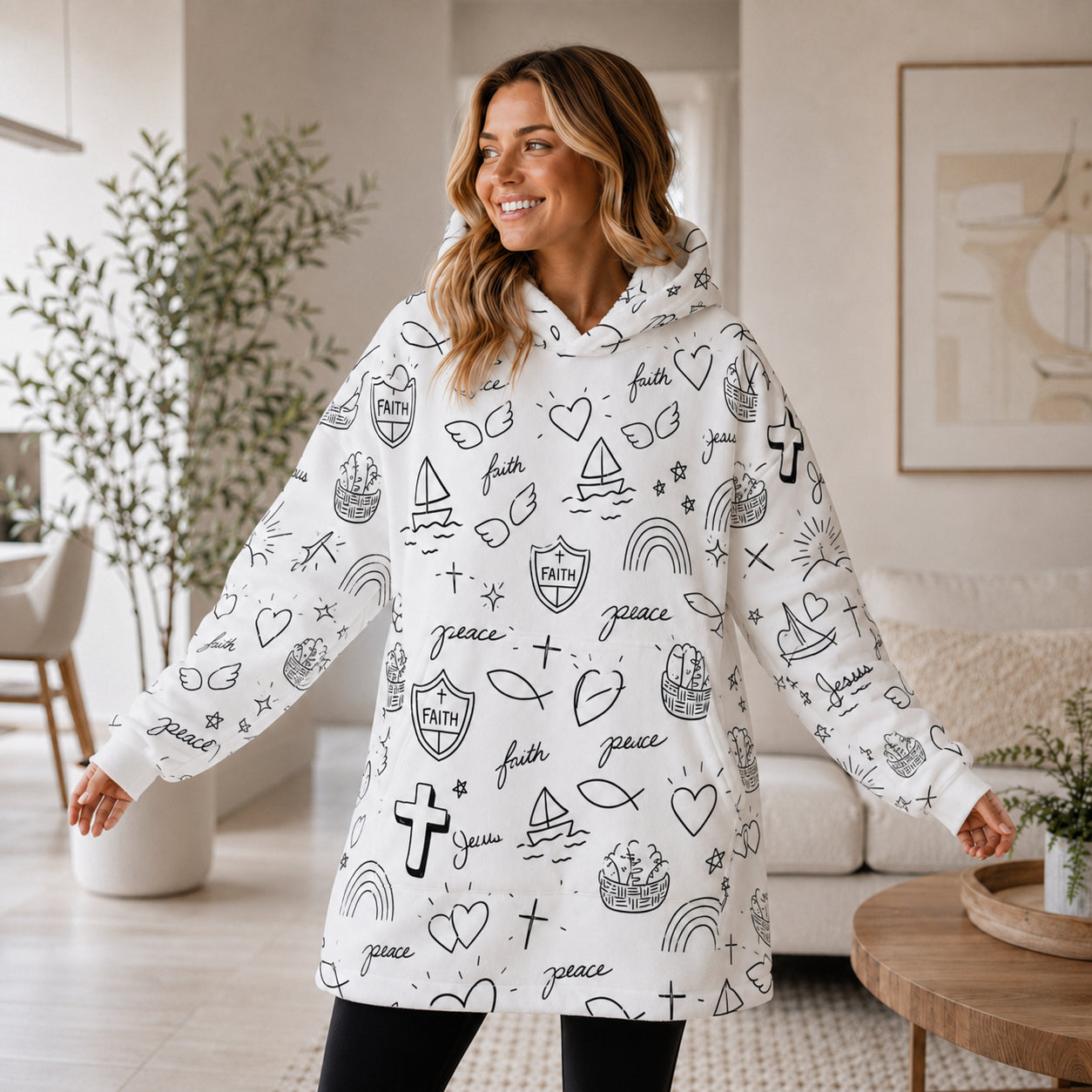 Faith & Peace Christian Oversized Hoodie Blanket, Custom Jesus Faith Inspirational Hoodie, Oversized Snuggle Hoodie, Fleece Flannel Wearable Blanket Hoodie for Kids & Adults, Family Religious Gift OOH02