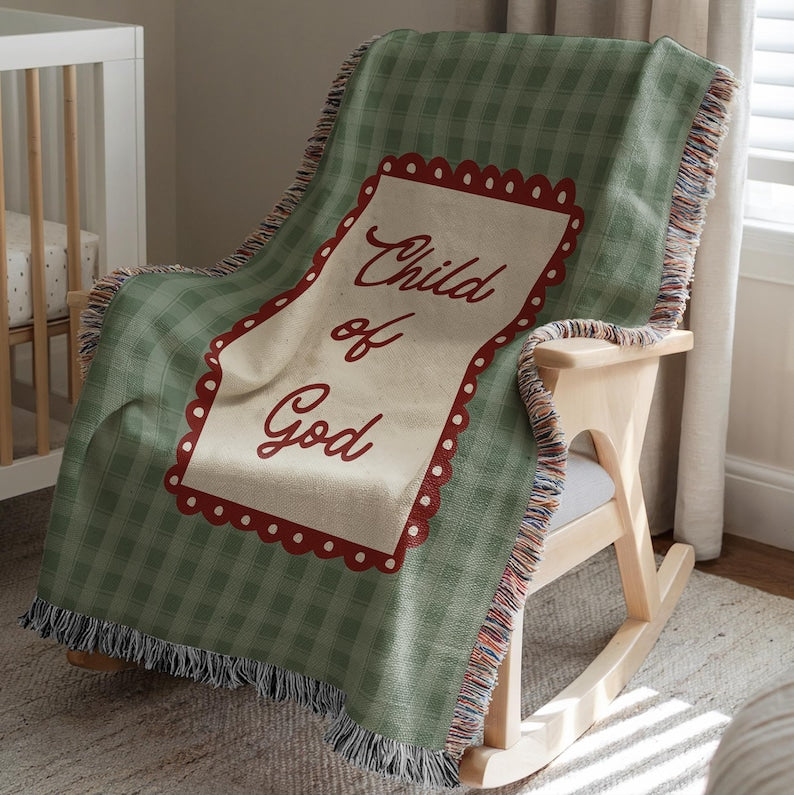 Christian Baby Woven Blanket, Vintage Plaid Checkered Child of God Woven Blanket, Faith-Based Newborn, Baptism & Baby Shower Gift WBLAF02