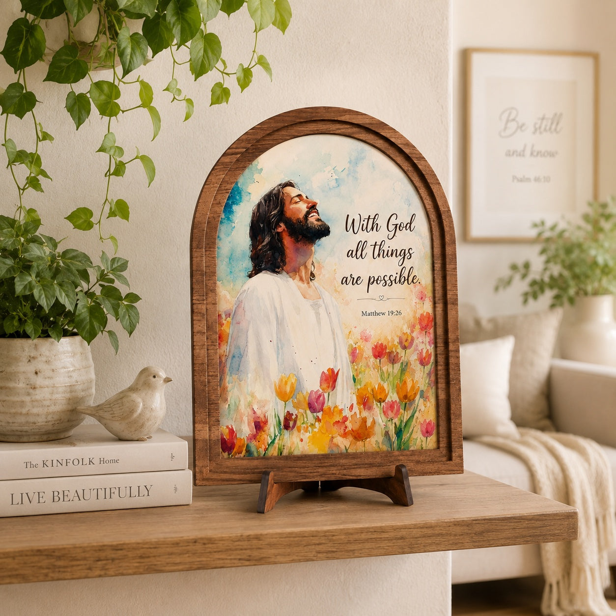 Christian Wooden Framed Wall Art – “With God All Things Are Possible” Matthew 19:26 Scripture Decor, Jesus Watercolor Painting, Religious Home WS02