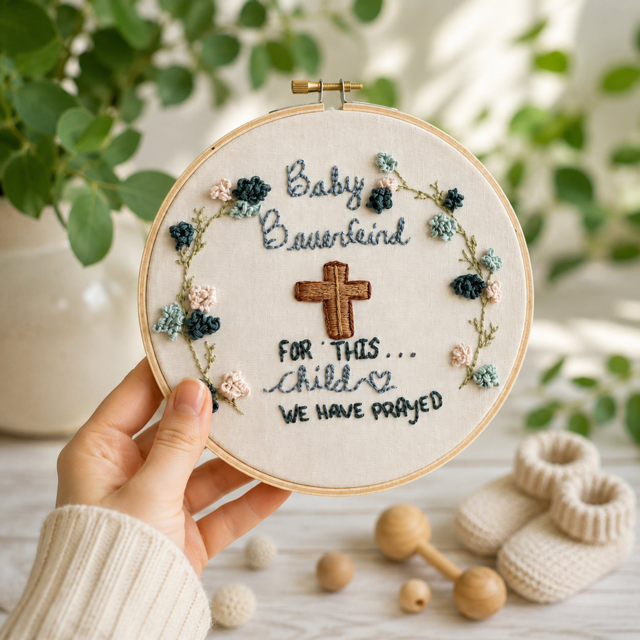 Baby Baptism Embroidery Hoop Art, Handmade Floral Christian Wall Decor, Bible Verse Faith Gift, Religious Hoop EHA20