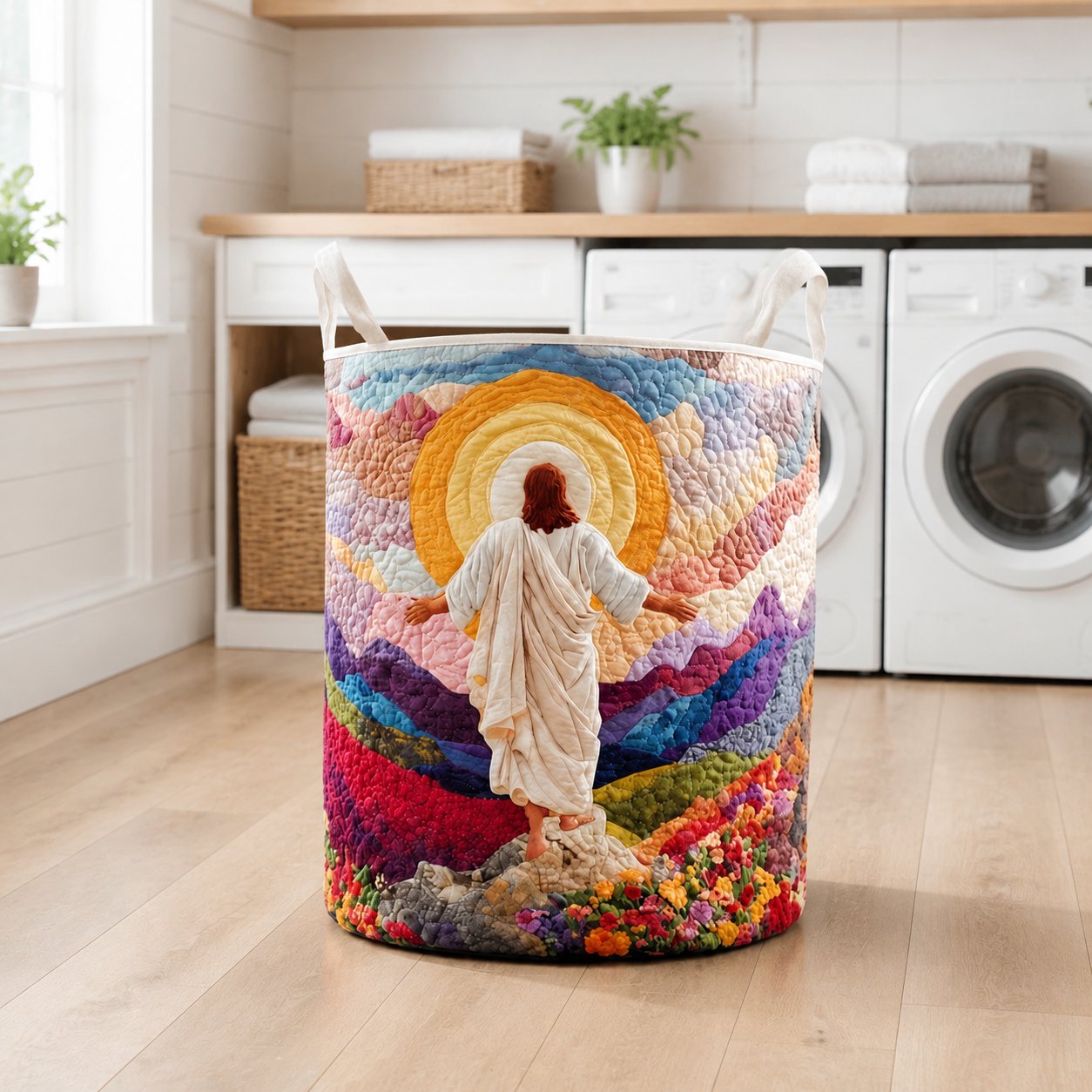 Christian Quilted Laundry Basket, Colorful Christian Quilted Hamper, Personalized Religious Storage Hamper, Faith-Inspired Toy Bin, Catholic Home Decor Gift QULDB02