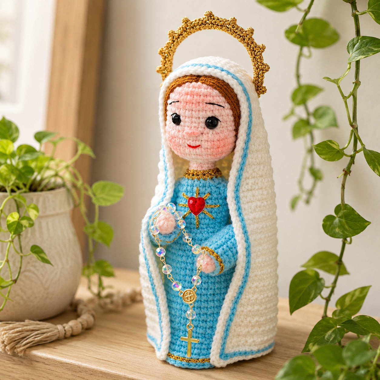 Handmade Crochet Virgin Mary, Our Lady Amigurumi Plush, Religious Faith Gift, Religious Keepsake Baptism Gift, Prayer Room Decor CR02
