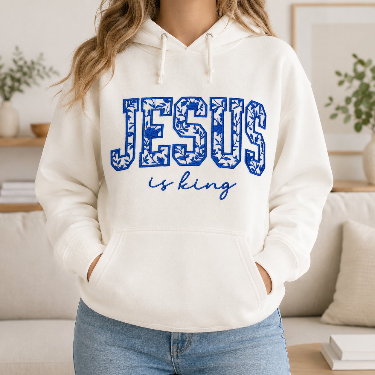 Jesus Is King Embroidered Shirt, Blue Floral Christian Faith Shirt, Religious Gift for Her, Bible Inspired Apparel N1EMS02