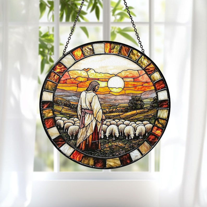 Jesus Good Shepherd Stained Glass Suncatcher, Christian Window Hanging, Catholic Home Decor, Religious Gift, Faith Inspired Wall Decor GLASS02