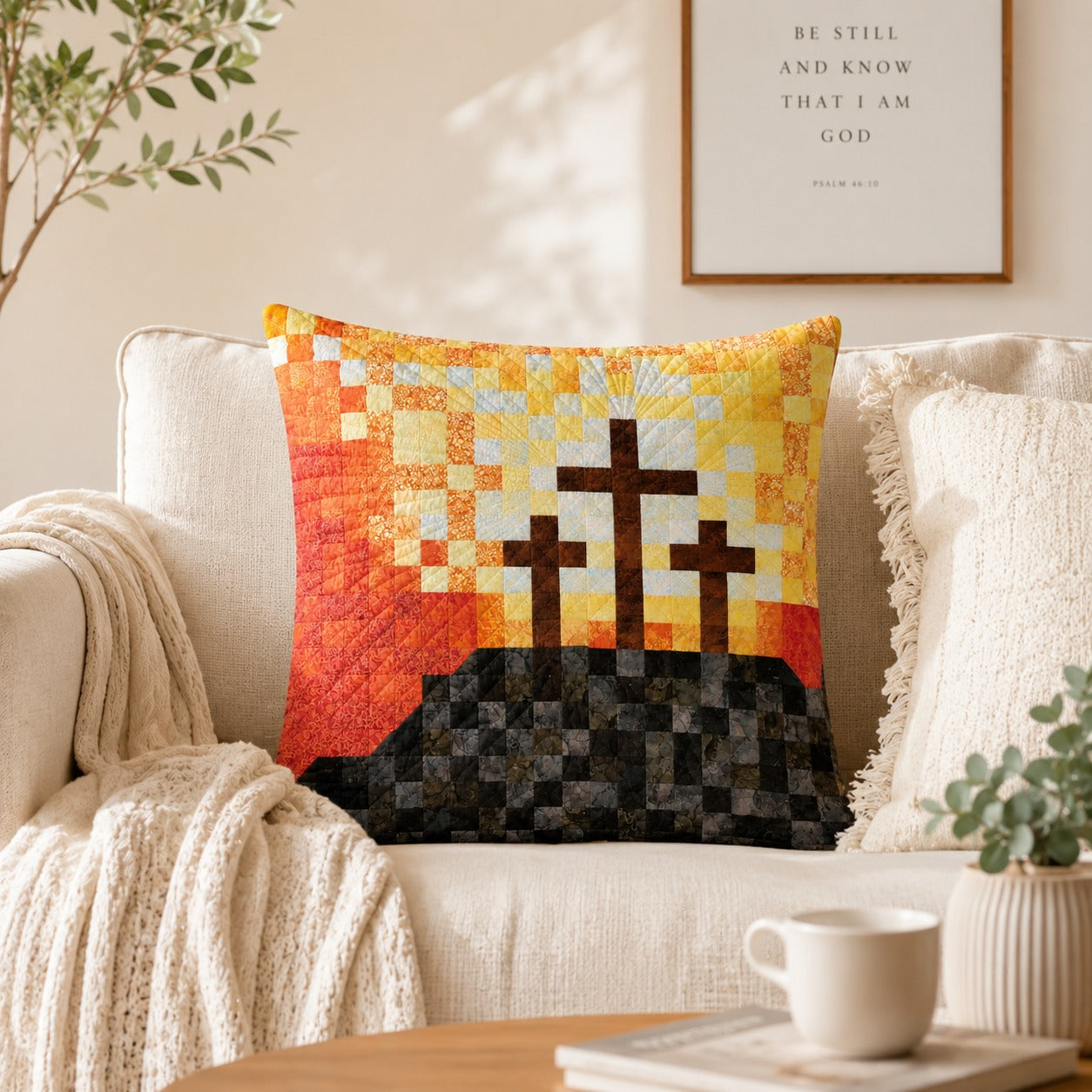 Christian Cross Quilted Pillow Case, Faith Home Decor, Religious Throw Pillow Cover, Jesus Christian Gift, Double Sided Quilt Cushion Cover QPILLOW01