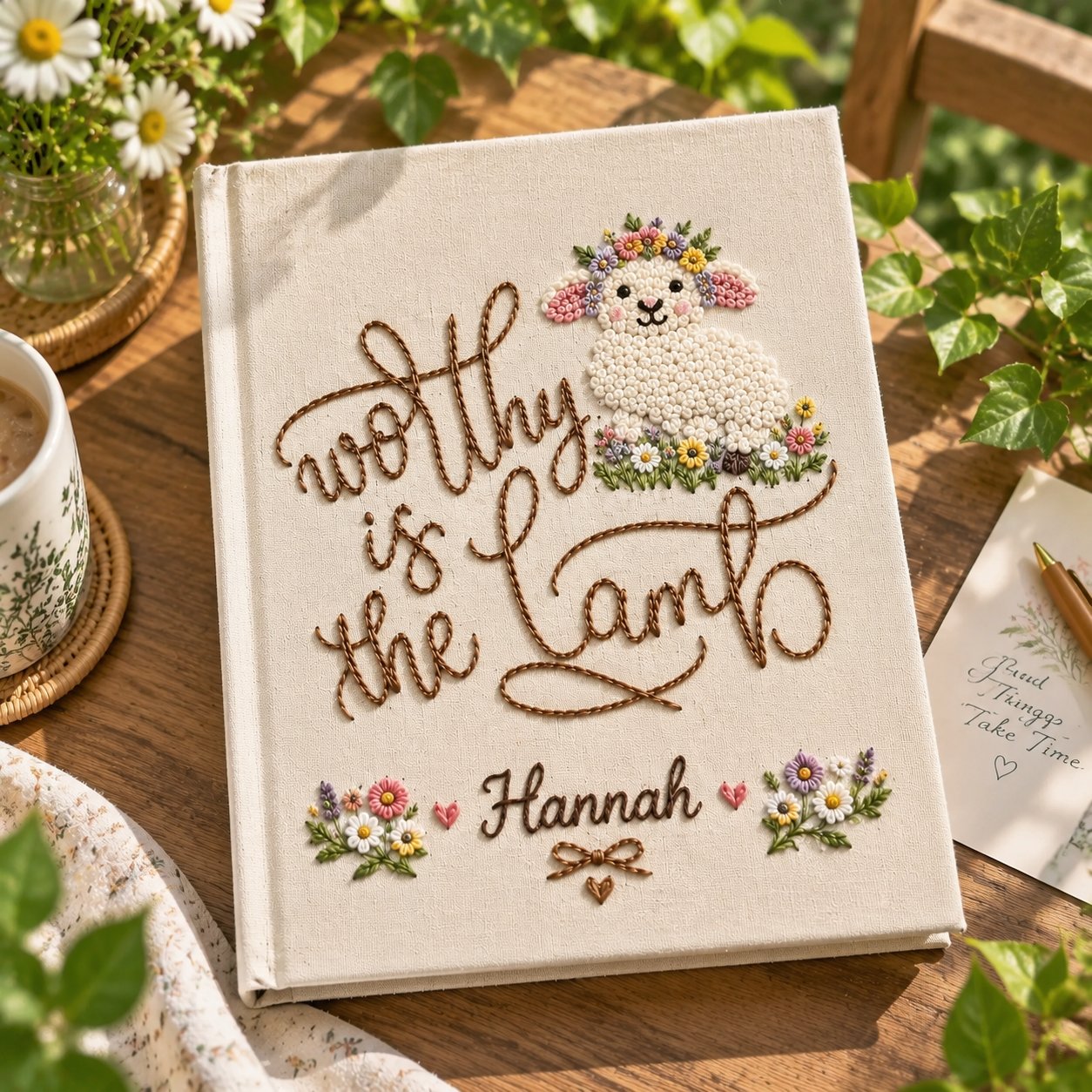 Personalized Hand Embroidered Journal, Floral Lamb Notebook, Custom Name Linen Bible Journal, Christian Gift for Women, Faith Notebook NB06