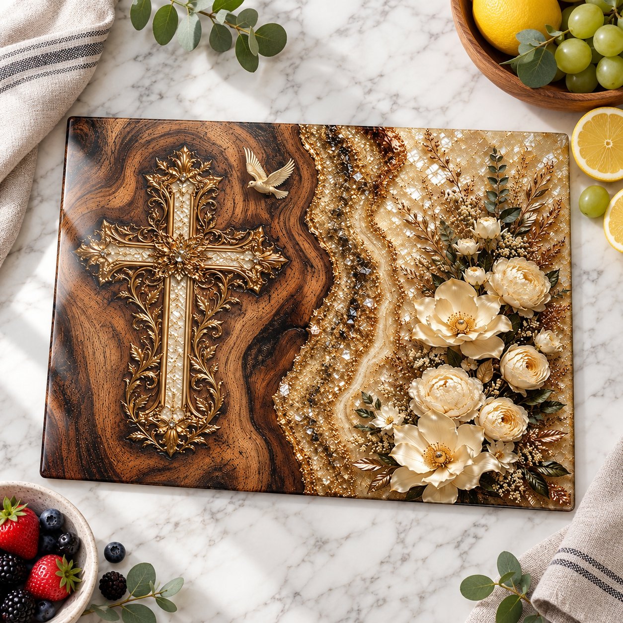 Christian Glass Cutting Board, Ornate Floral Cross Stained Glass Kitchen Decor, Religious Housewarming Gift, Religious Cutting Board GLASSCB02