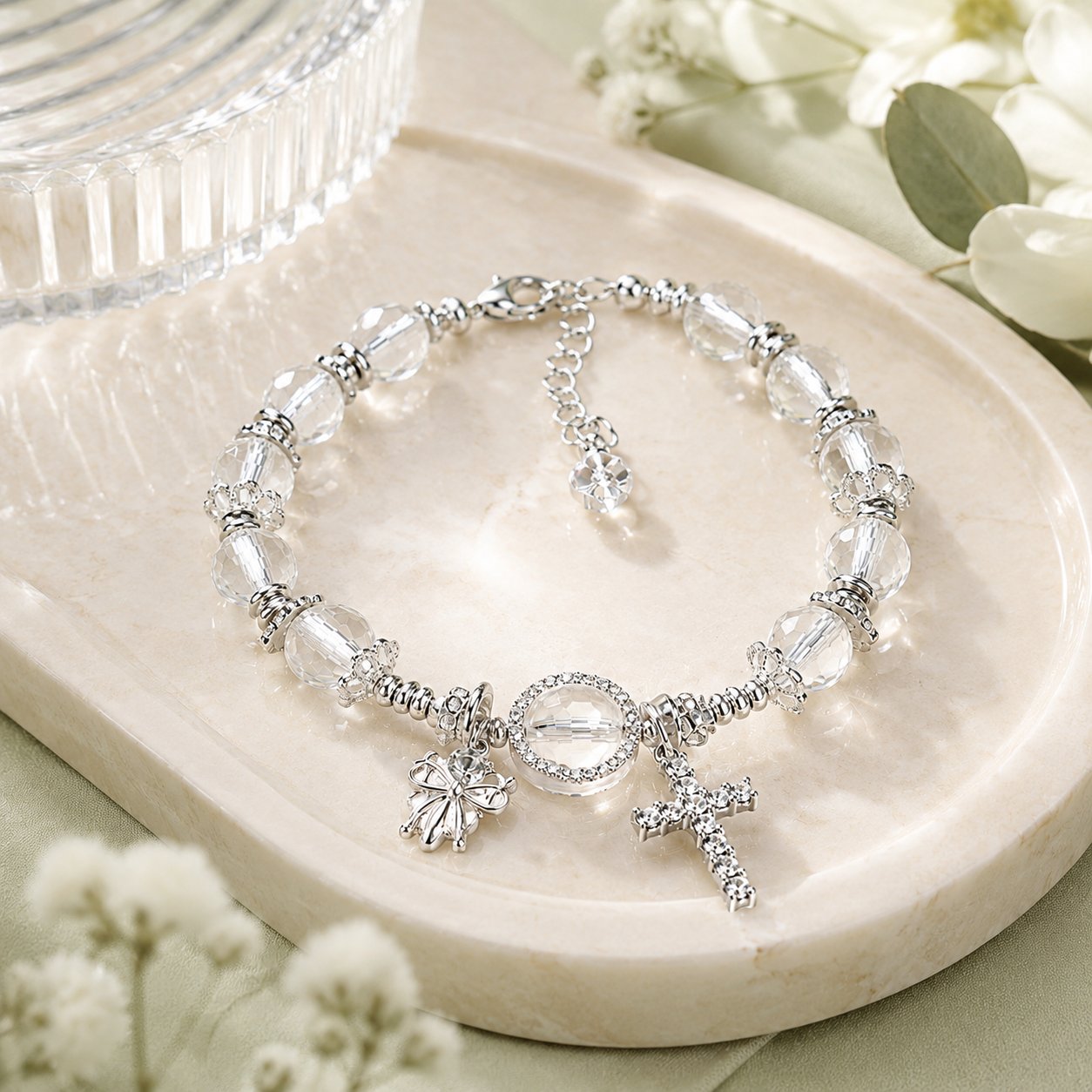 Crystal Beaded Cross Charm Bracelet, Silver Christian Faith Jewelry, Religious Gift, Catholic Prayer Beads VTBR01