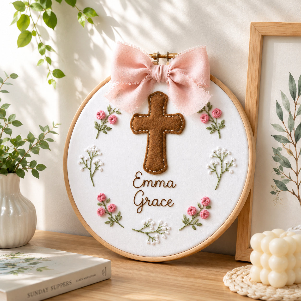 Personalized Hand Embroidered Baptism Hoop with Felt Cross, Custom Baby Name, Floral Christian Nursery Keepsake, Baby Hanging Decor EHA31