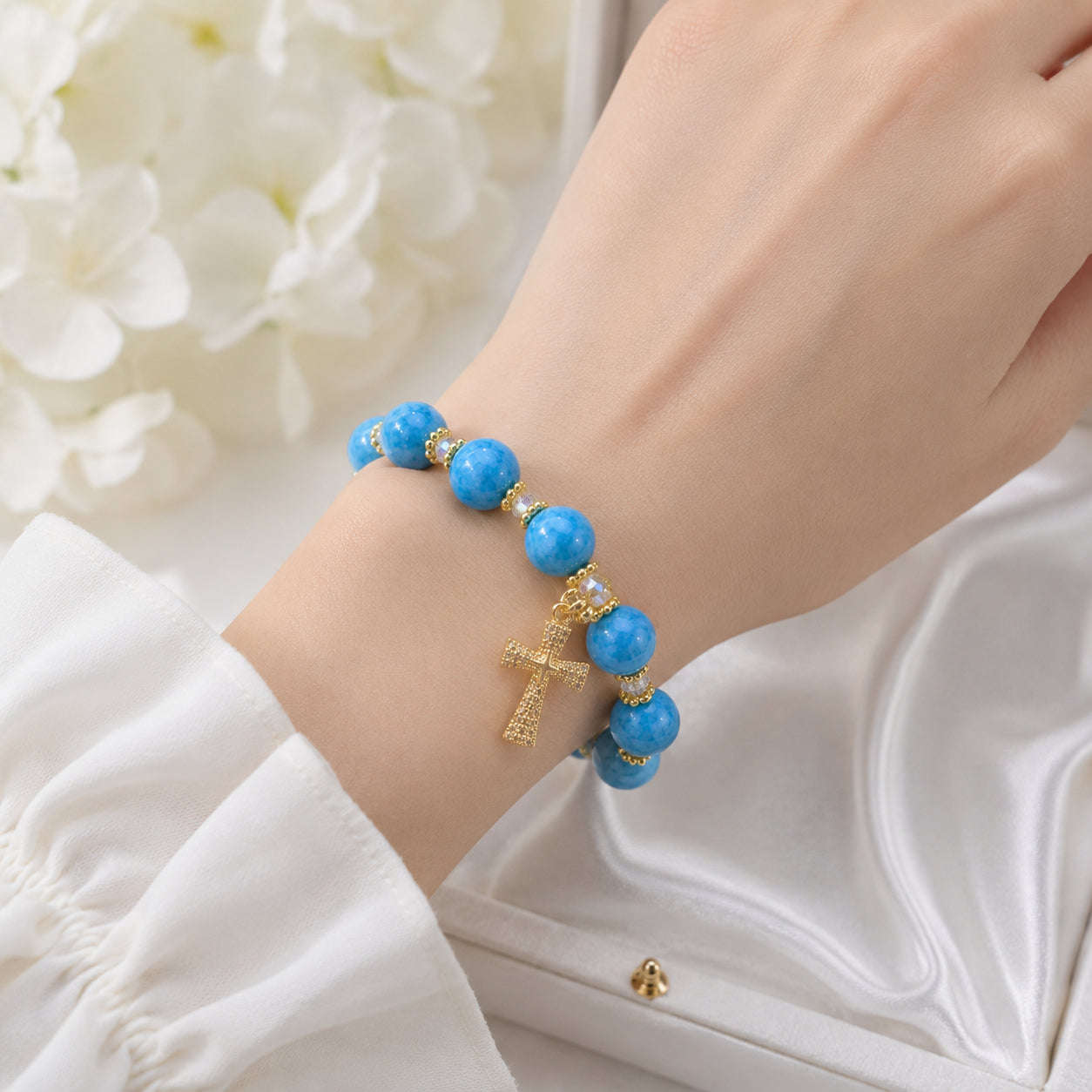 Rosary Blue Stone Bracelet, Cross Bracelet, Beaded Cross Bracelet, Religious Jewelry Made of Natural Stones, Christian Bracelet BRLAF02