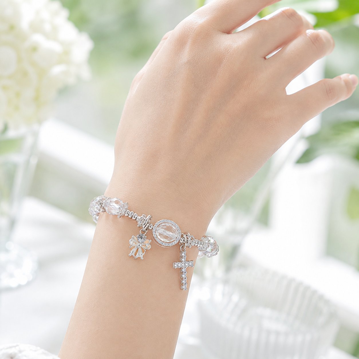 Crystal Beaded Cross Charm Bracelet, Silver Christian Faith Jewelry, Religious Gift, Catholic Prayer Beads VTBR01