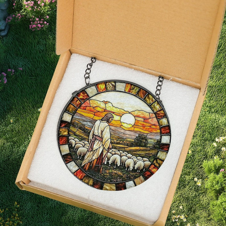 Jesus Good Shepherd Stained Glass Suncatcher, Christian Window Hanging, Catholic Home Decor, Religious Gift, Faith Inspired Wall Decor GLASS02