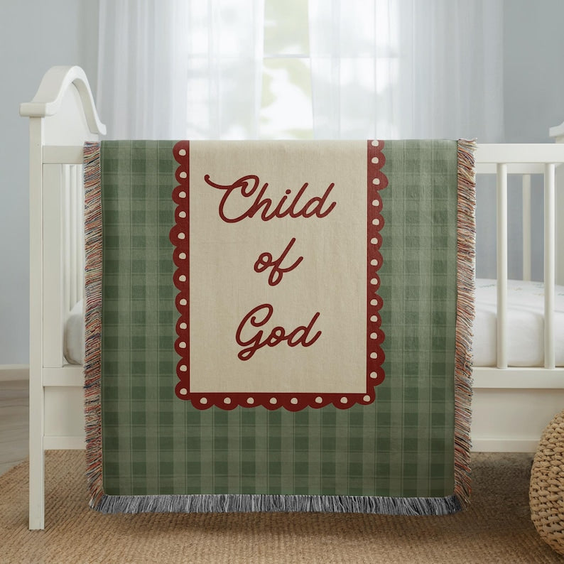 Christian Baby Woven Blanket, Vintage Plaid Checkered Child of God Woven Blanket, Faith-Based Newborn, Baptism & Baby Shower Gift WBLAF02