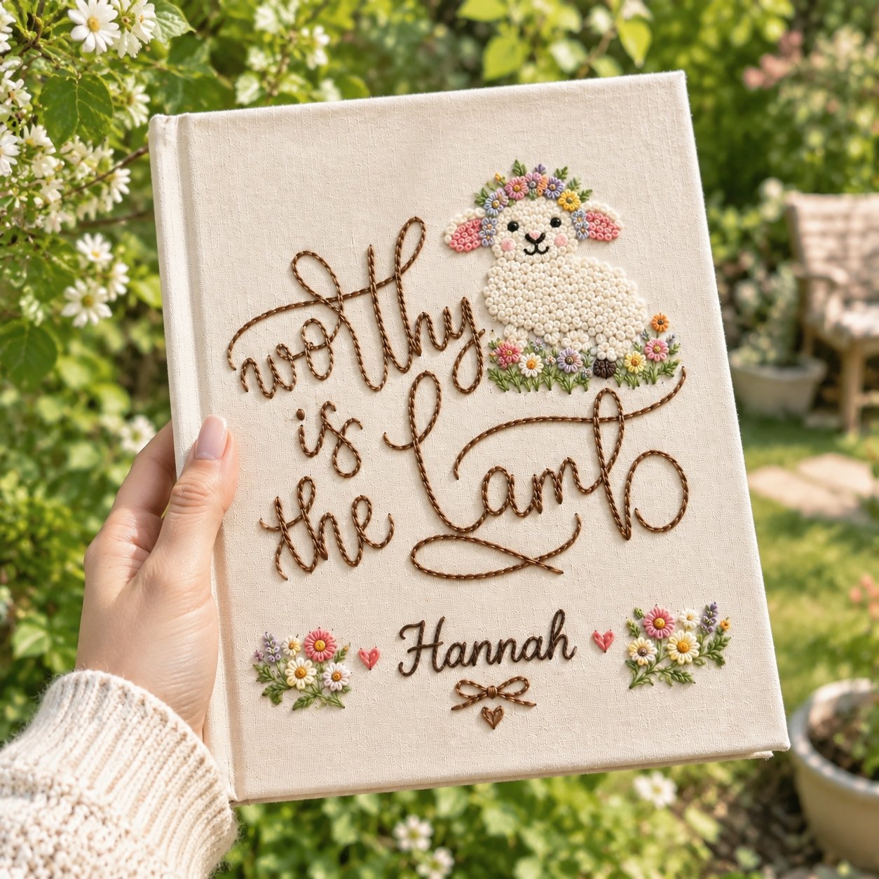 Personalized Hand Embroidered Journal, Floral Lamb Notebook, Custom Name Linen Bible Journal, Christian Gift for Women, Faith Notebook NB06