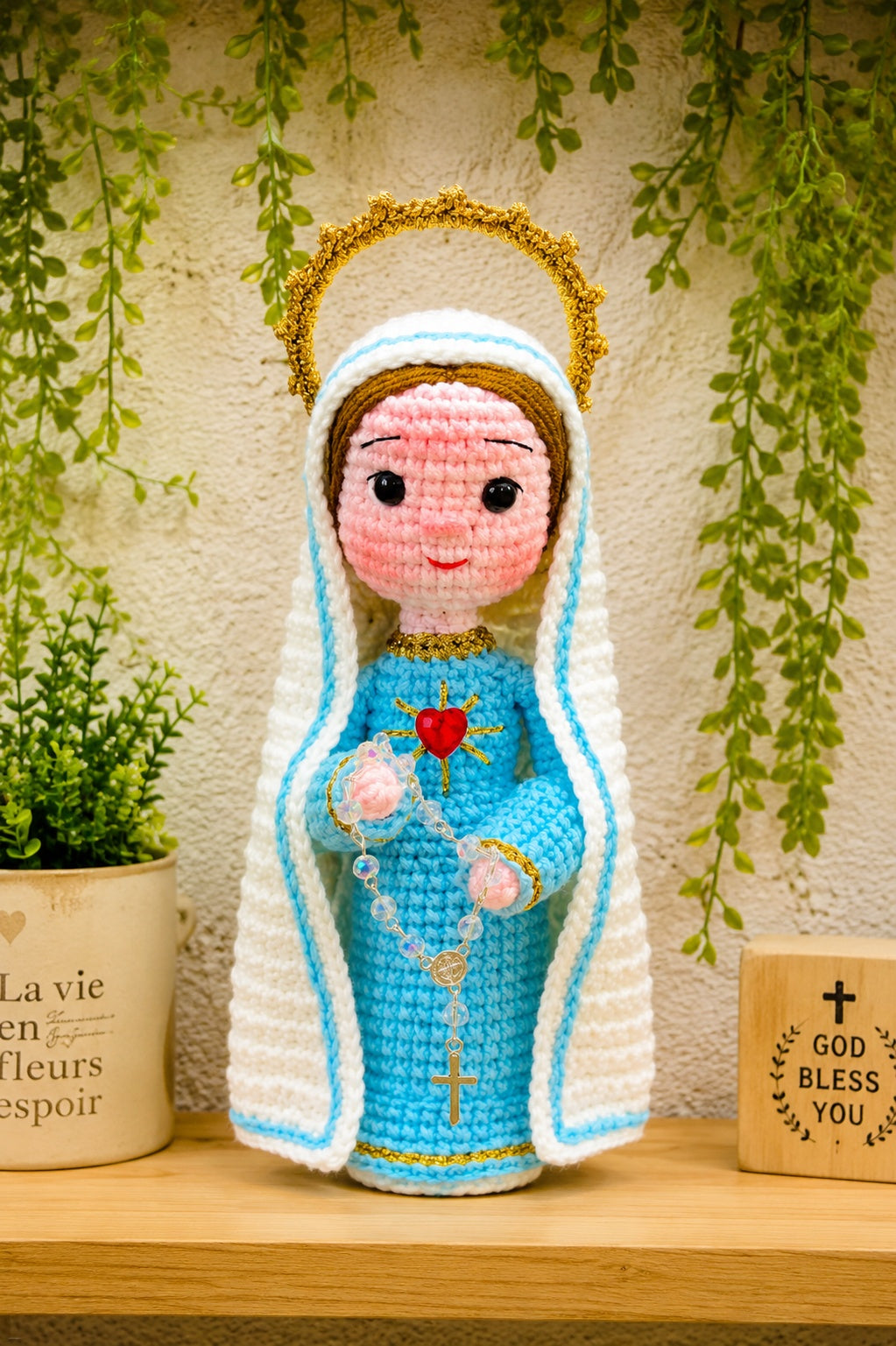 Handmade Crochet Virgin Mary, Our Lady Amigurumi Plush, Religious Faith Gift, Religious Keepsake Baptism Gift, Prayer Room Decor CR02