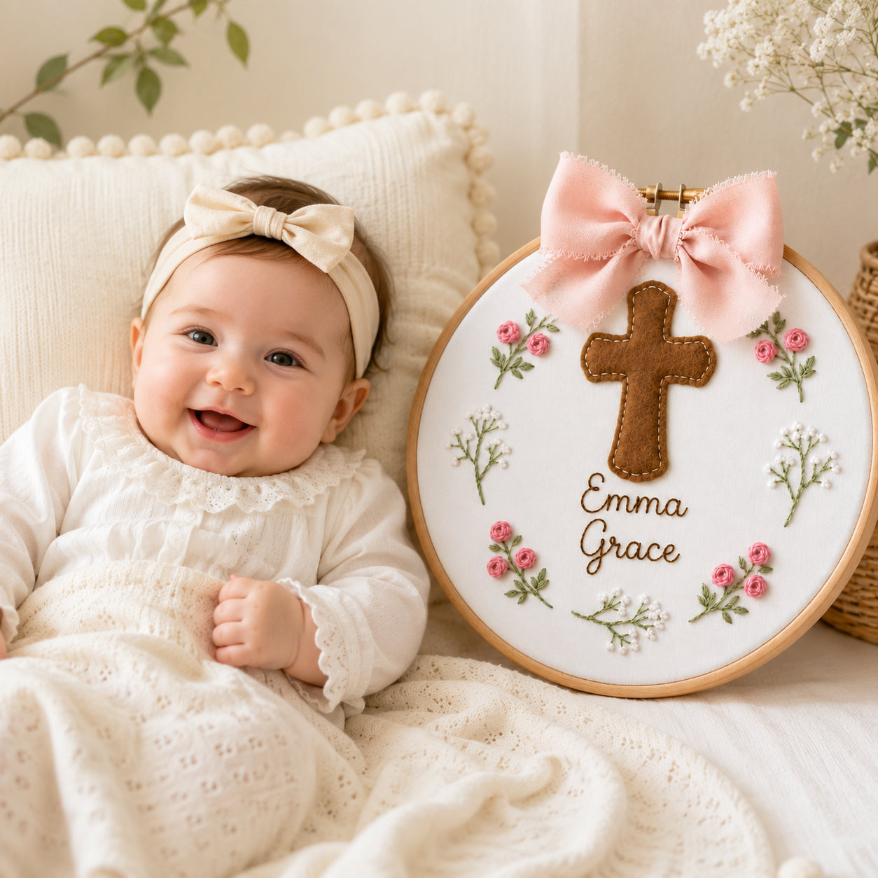 Personalized Hand Embroidered Baptism Hoop with Felt Cross, Custom Baby Name, Floral Christian Nursery Keepsake, Baby Hanging Decor EHA31
