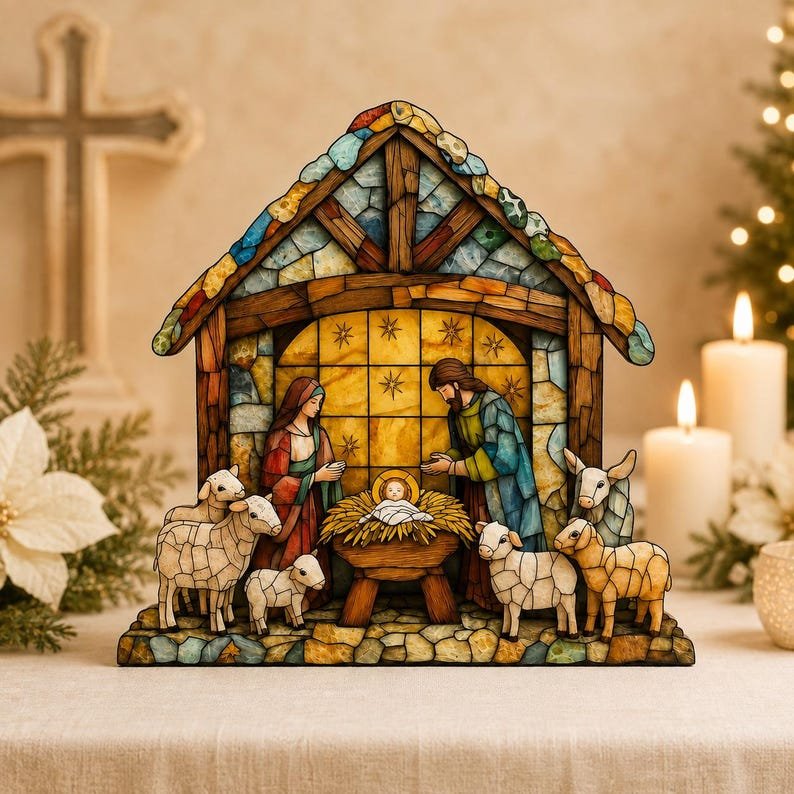 Silent Night Holy Night Nativity Wooden Sign, Christian Christmas Decor, Rustic Jesus Manger Scene, Religious Holiday Tabletop Gift WSXM02