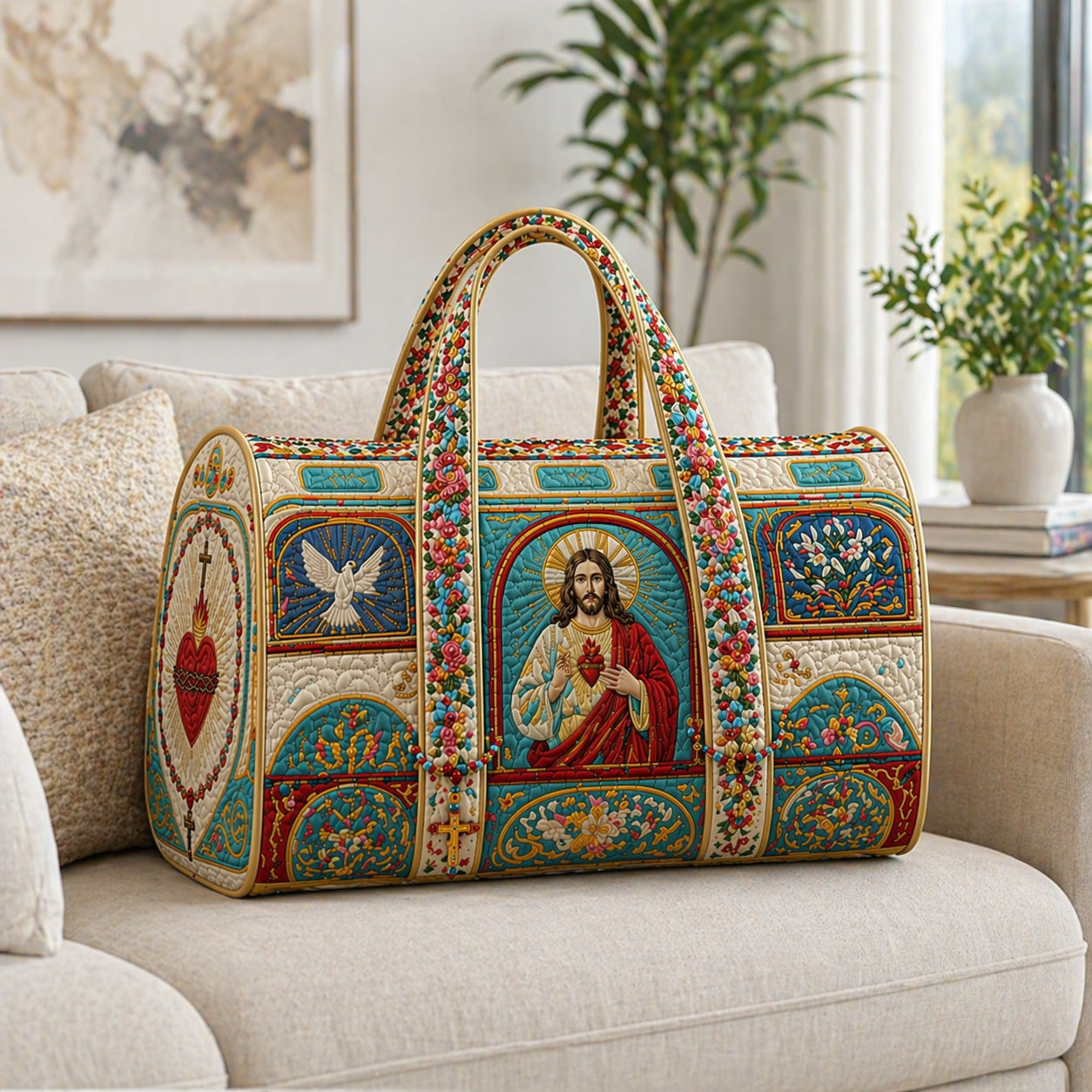 Christian Sacred Heart Jesus Quilted Duffle Bag, Religious Weekender Travel Bag, Floral Vintage Carry On Overnight Bag QDB02