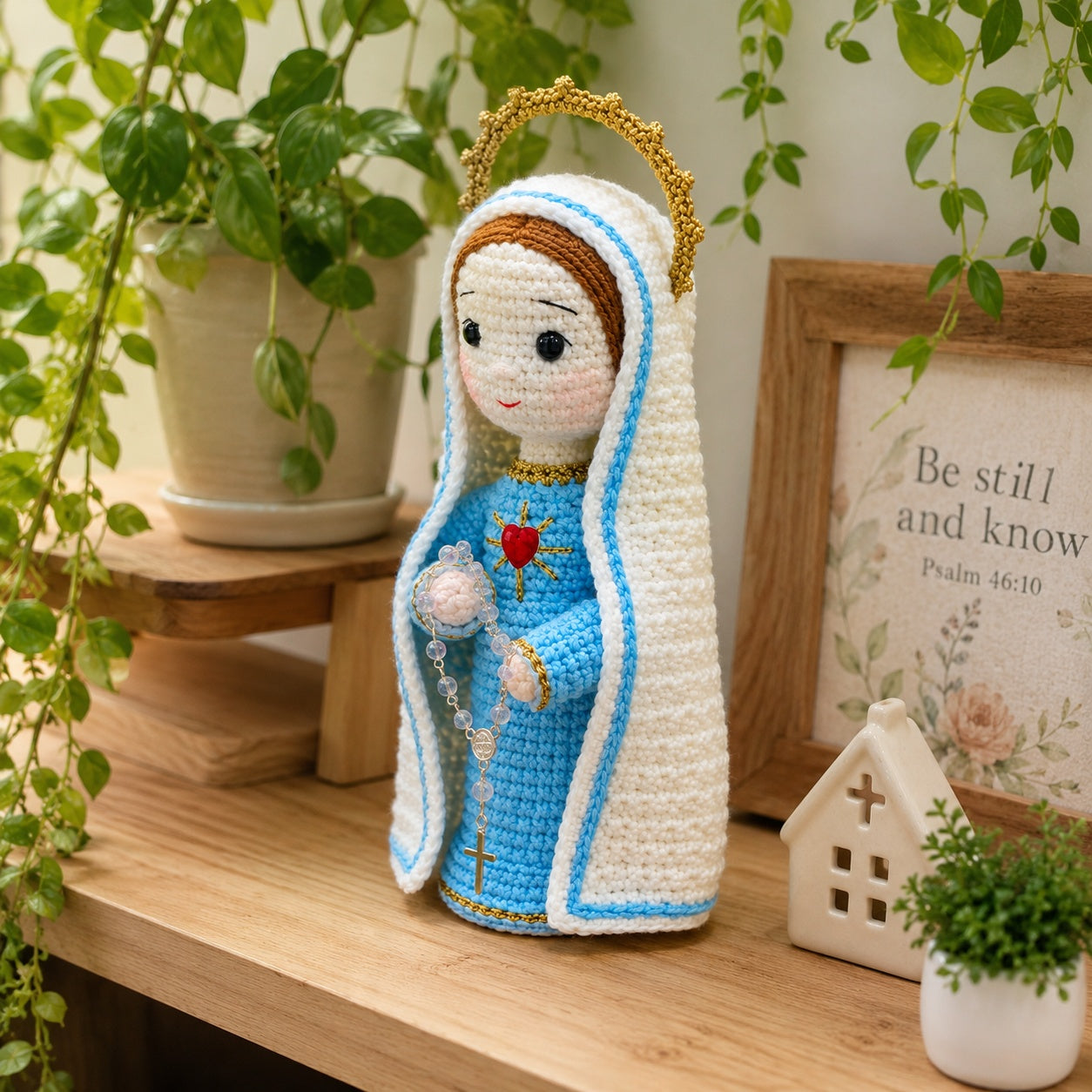 Handmade Crochet Virgin Mary, Our Lady Amigurumi Plush, Religious Faith Gift, Religious Keepsake Baptism Gift, Prayer Room Decor CR02