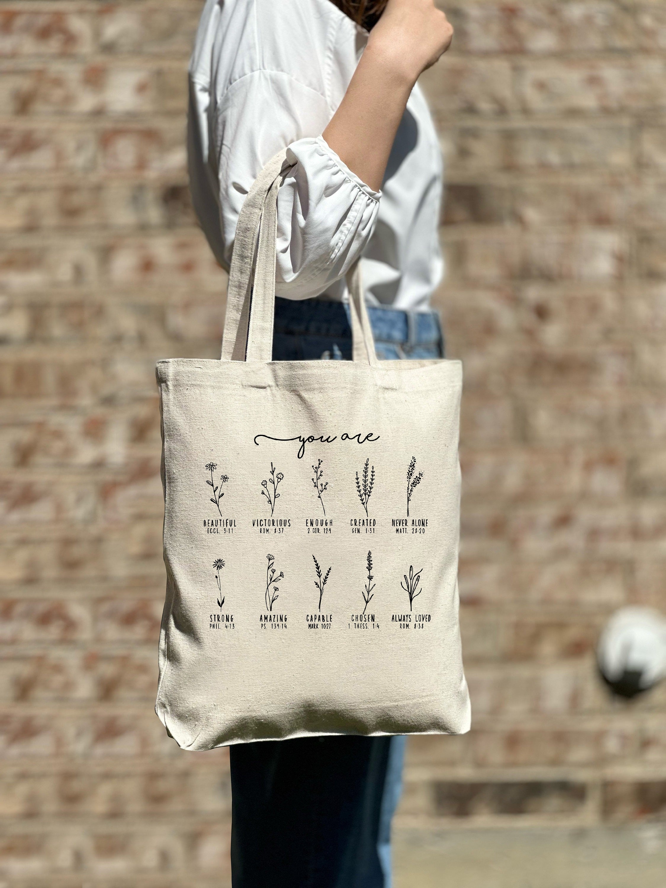 You Are Bible Verse Tote Bag, Inspirational Christian Tote, Wildflower Design, Retro Bible Verse Bag, Faith-Based Gift, Eco-Friendly Scripture Tote TBLAF04