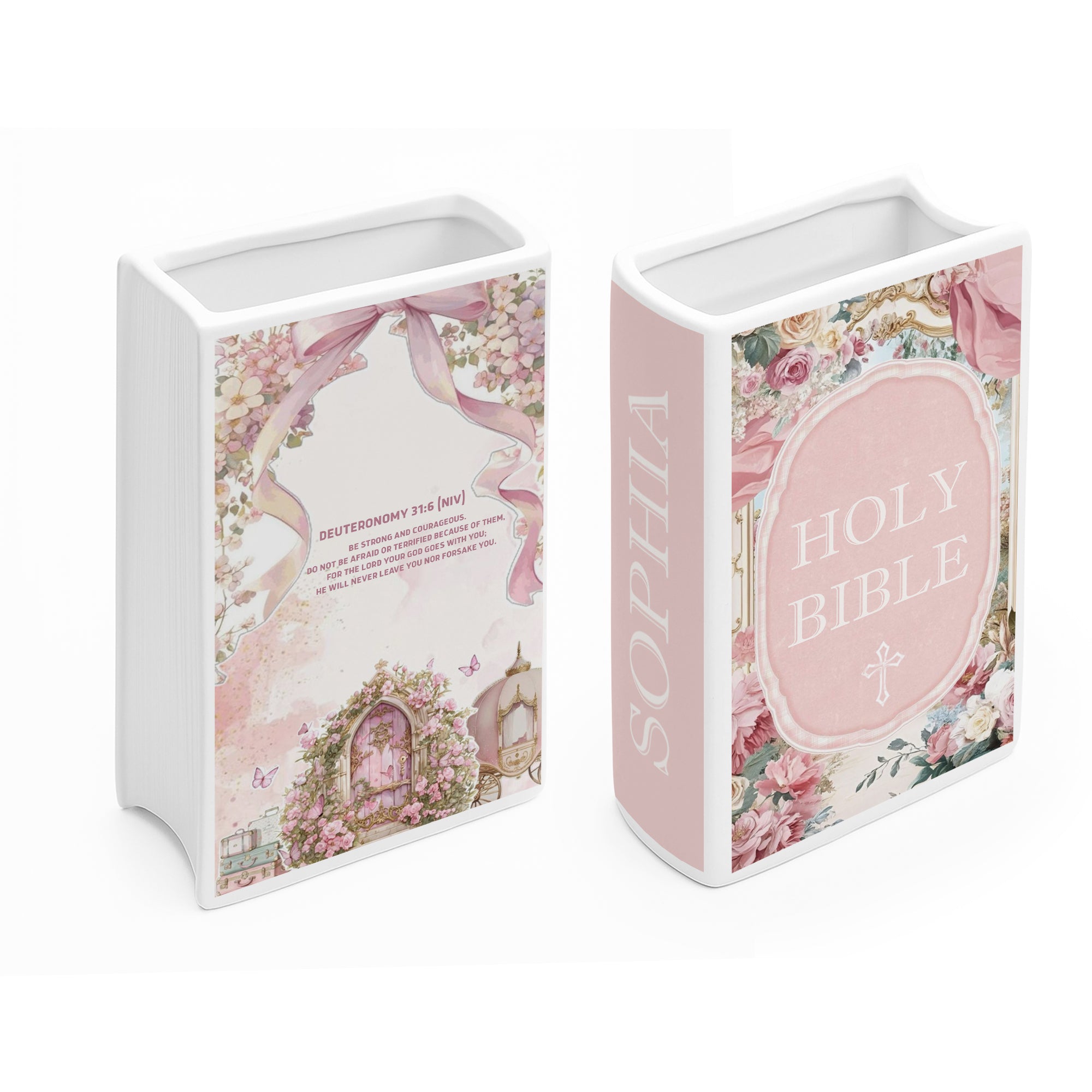 Personalized Floral Holy Bible Book Vase, Ceramic Christian Vase for Women, Scripture Gift with Deuteronomy 31:6 Verse, Baptism Decor CBLAF03