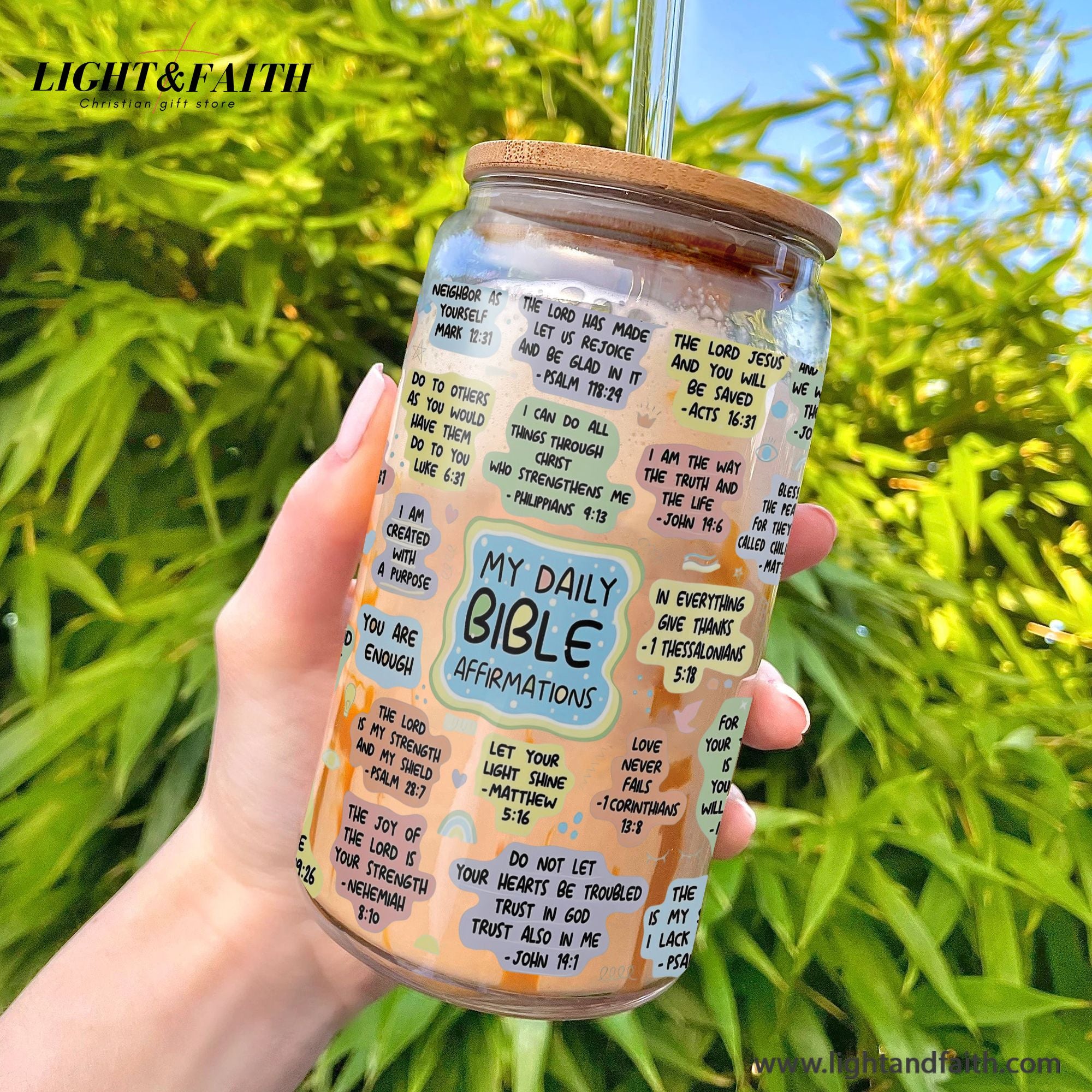 Christian Glass Can with Bamboo Lid and Straw, My Daily Bible Affirmations Cup, Scripture Iced Coffee Tumbler, Faith Gift GCLAF31