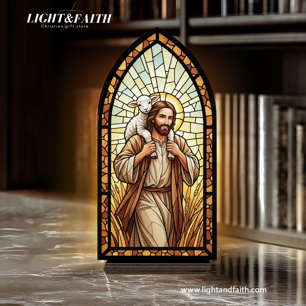 The Good Shepherd Jesus Book Nook, Stained Glass Style Acrylic Christian Decor, Religious Gift for Home & Prayer Corner BNLAF03