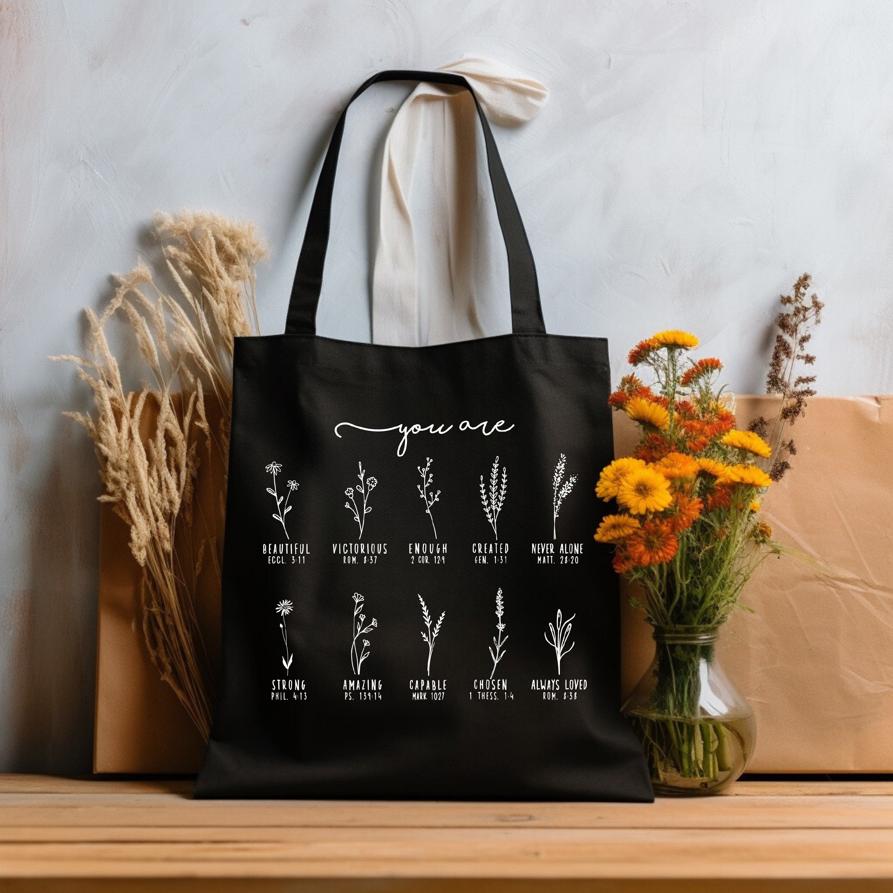 You Are Bible Verse Tote Bag, Inspirational Christian Tote, Wildflower Design, Retro Bible Verse Bag, Faith-Based Gift, Eco-Friendly Scripture Tote TBLAF04