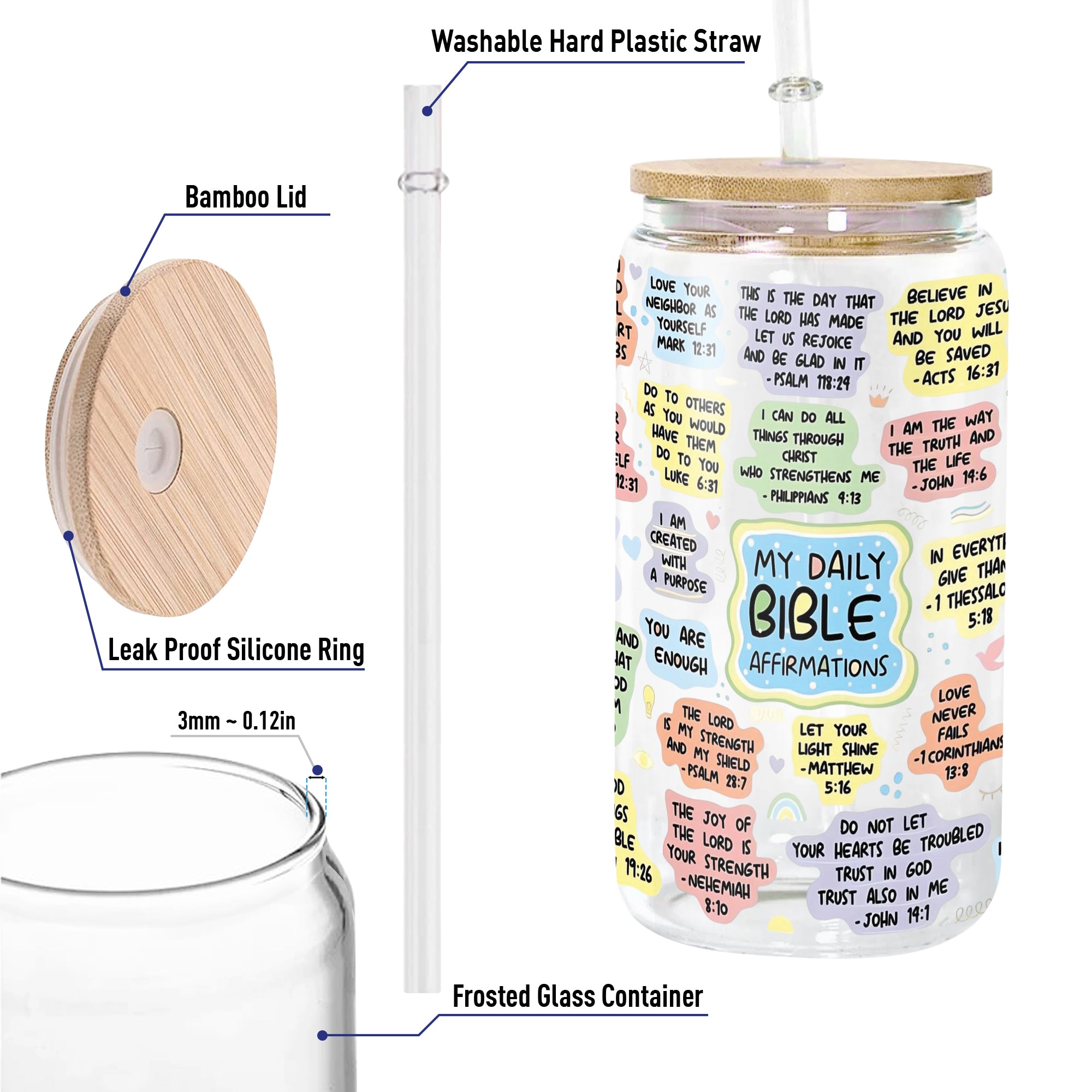 Christian Glass Can with Bamboo Lid and Straw, My Daily Bible Affirmations Cup, Scripture Iced Coffee Tumbler, Faith Gift GCLAF31