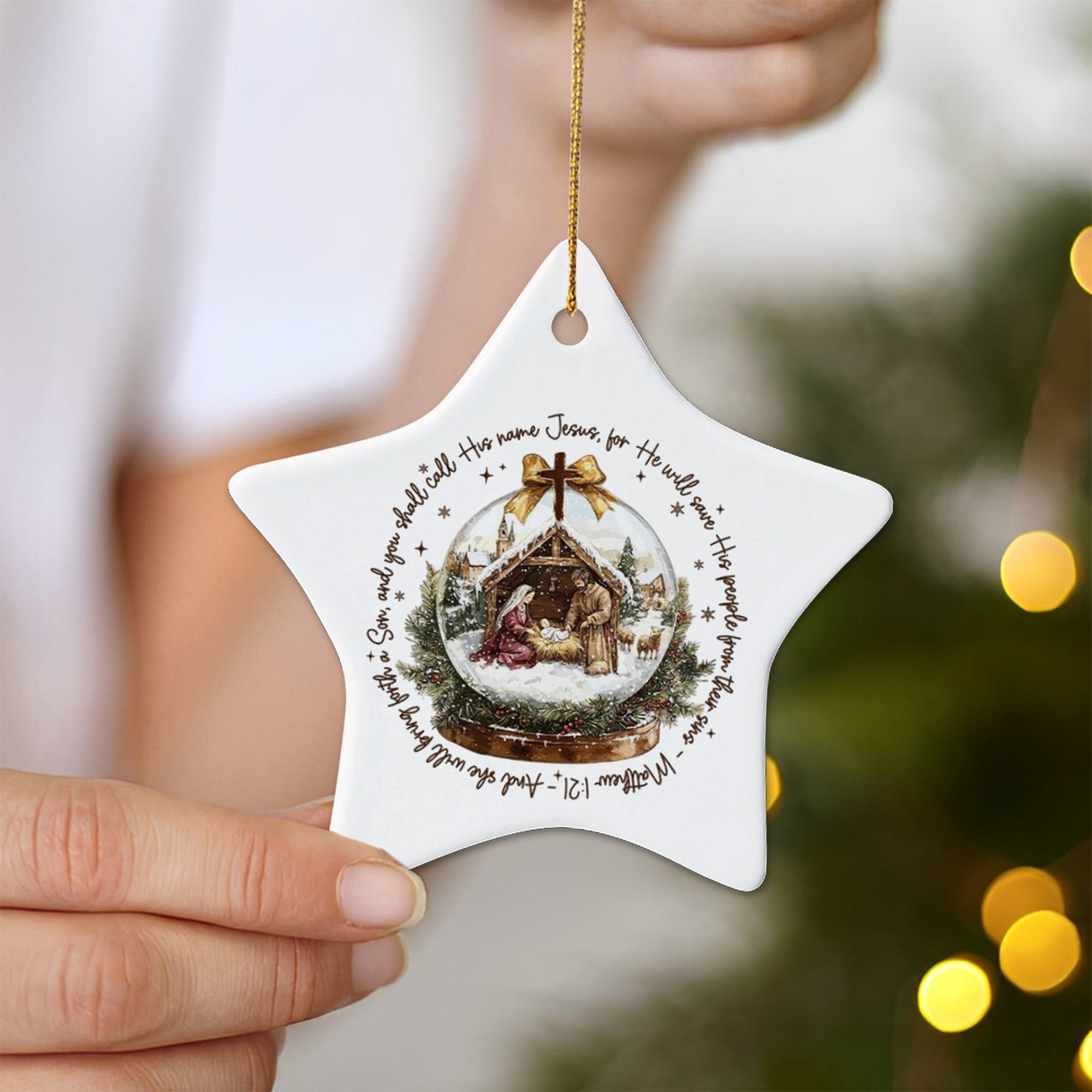 Nativity Scene Christmas Ornament, Christian Holiday Decoration, Matthew 1:21 Bible Verse Ornament, Religious Xmas Tree Decor DCLAF29