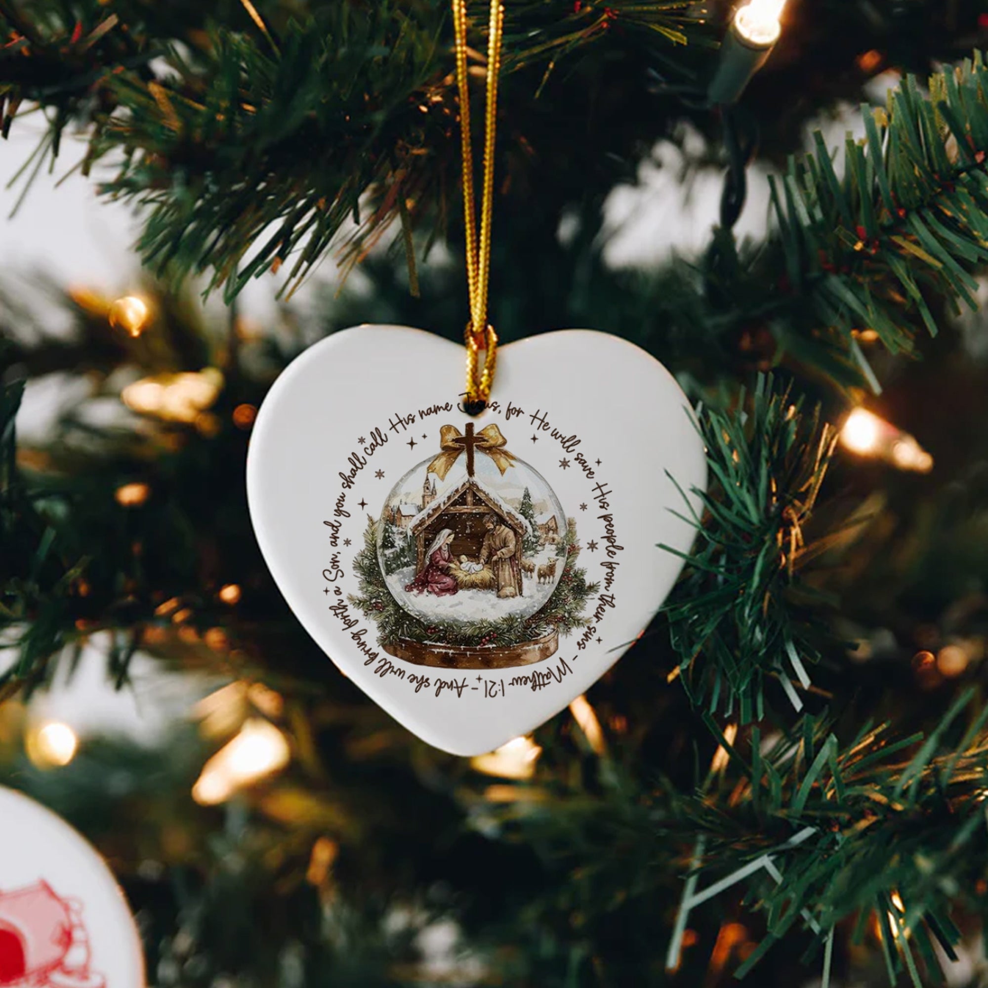 Nativity Scene Christmas Ornament, Christian Holiday Decoration, Matthew 1:21 Bible Verse Ornament, Religious Xmas Tree Decor DCLAF29