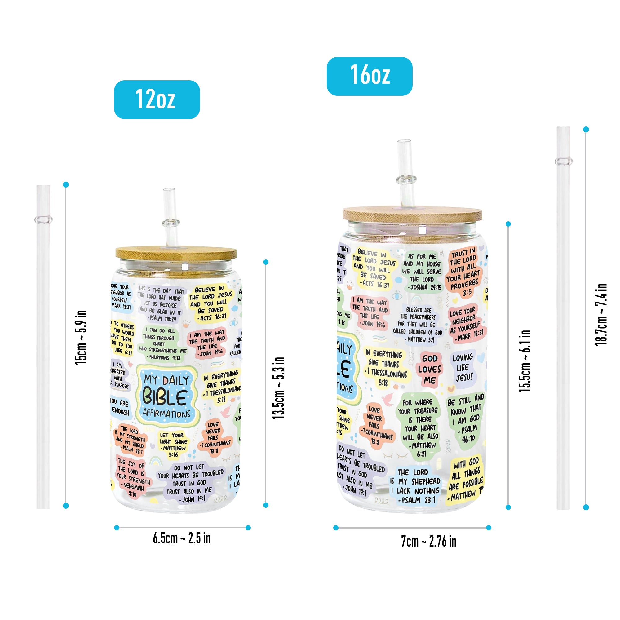 Christian Glass Can with Bamboo Lid and Straw, My Daily Bible Affirmations Cup, Scripture Iced Coffee Tumbler, Faith Gift GCLAF31