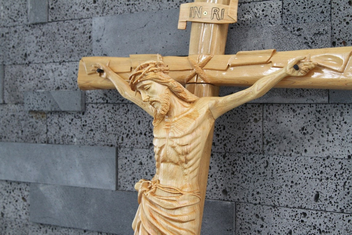 Hand-carved Crucifix Large Sizes with INRI Inscription, Catholic Wall Cross, Jesus Cross Altar Catholic Devotion