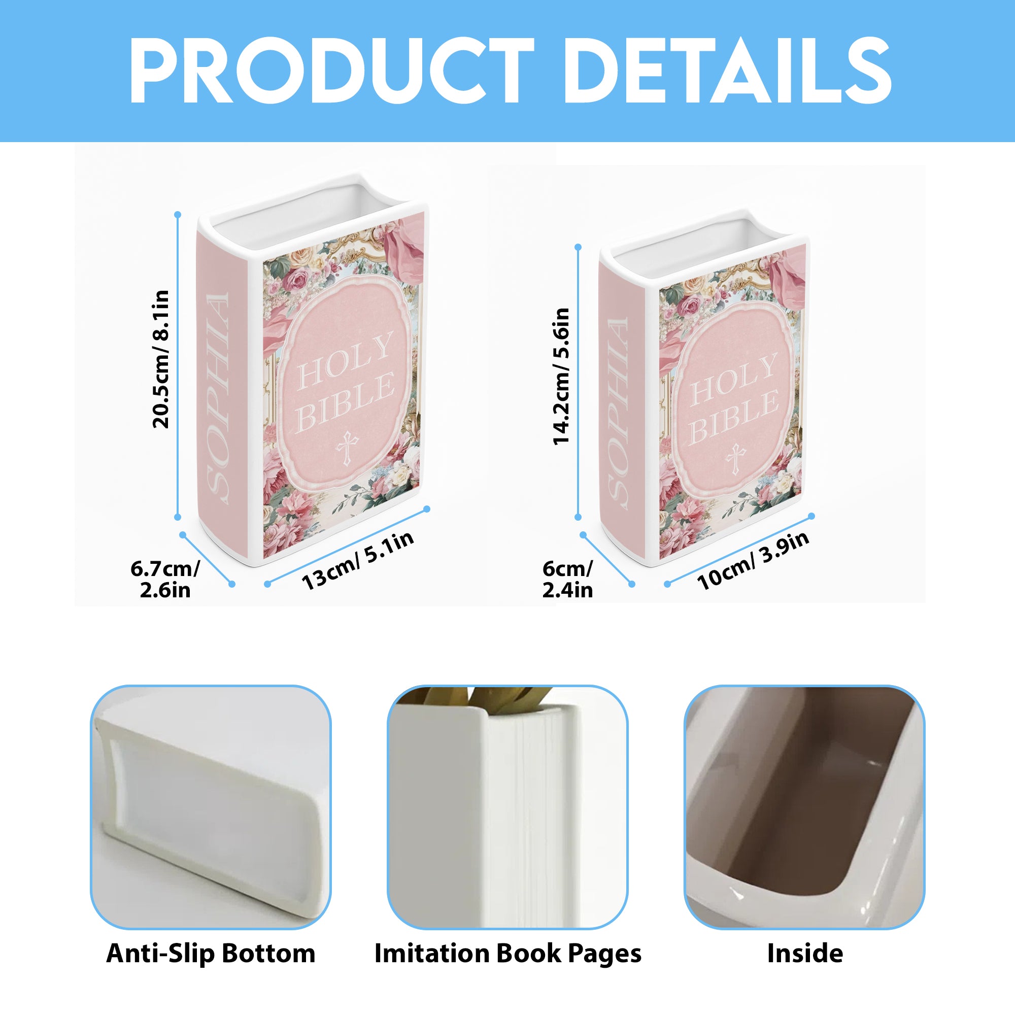 Personalized Floral Holy Bible Book Vase, Ceramic Christian Vase for Women, Scripture Gift with Deuteronomy 31:6 Verse, Baptism Decor CBLAF03