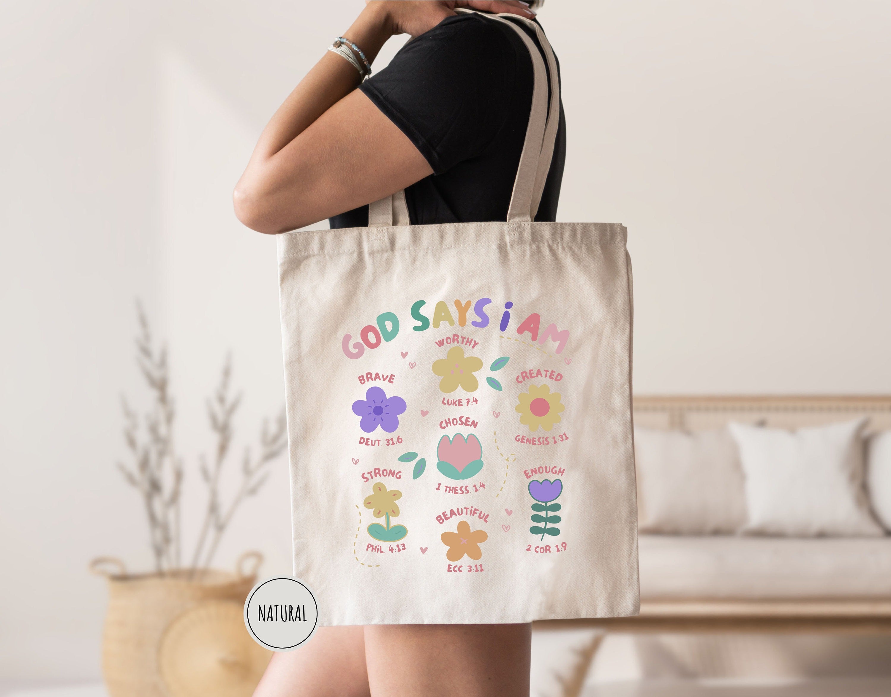 God Says I Am Flowers Tote Bag, Christian Tote Bag, Christian Flowers Tote, Gift For Christian, Women Tote Bag, Inspirational Women Tote Bag TBLAF31