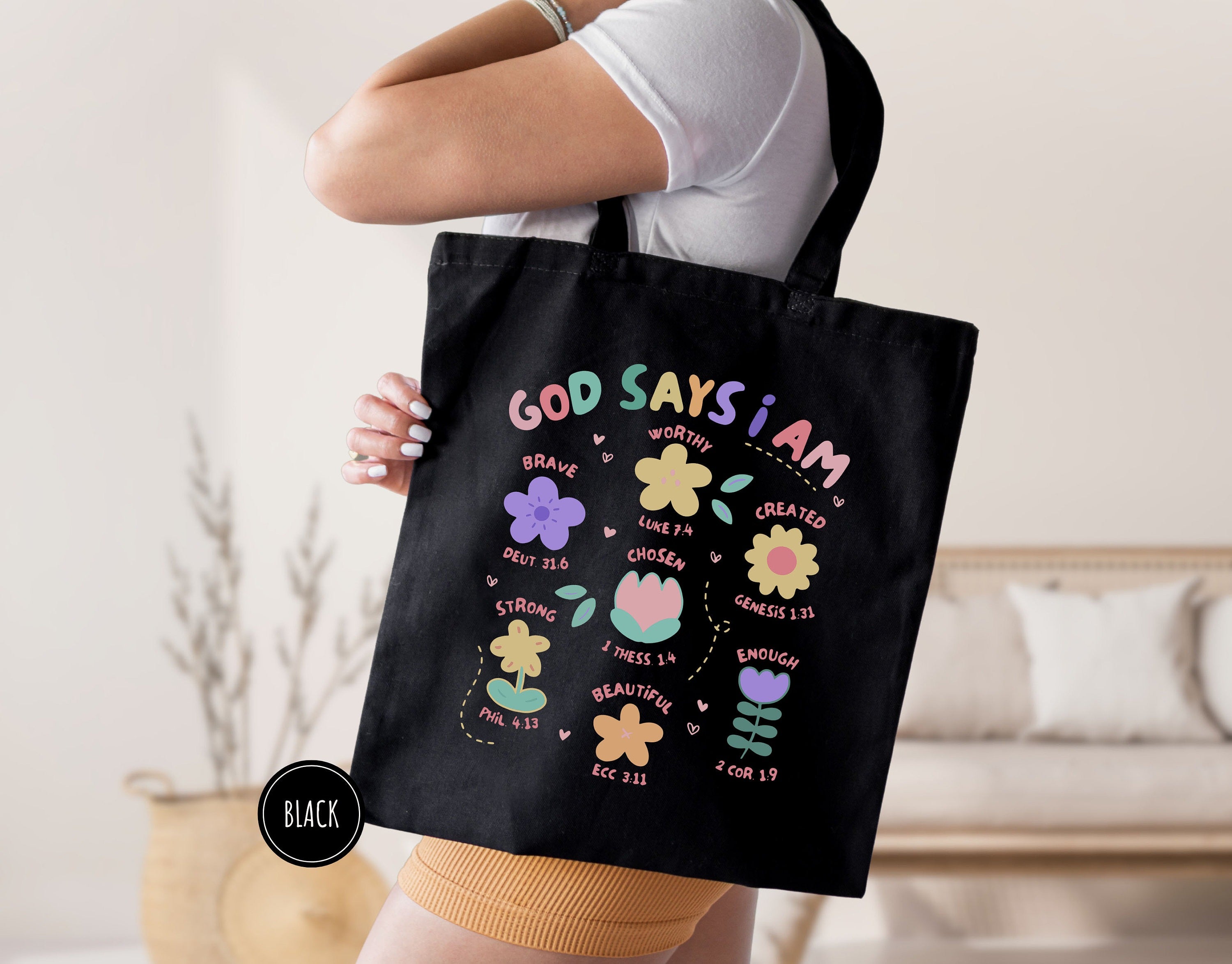 God Says I Am Flowers Tote Bag, Christian Tote Bag, Christian Flowers Tote, Gift For Christian, Women Tote Bag, Inspirational Women Tote Bag TBLAF31