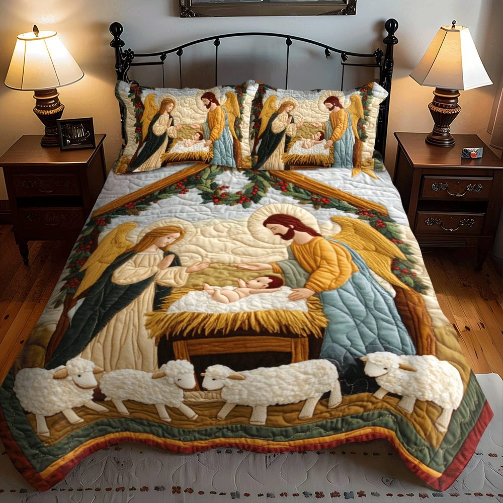 Nativity Quilted Bedding Set, Holy Family Quilted Blanket And Pillowcases, Personalized Bedding Set, Bedroom Decor LAFBED27