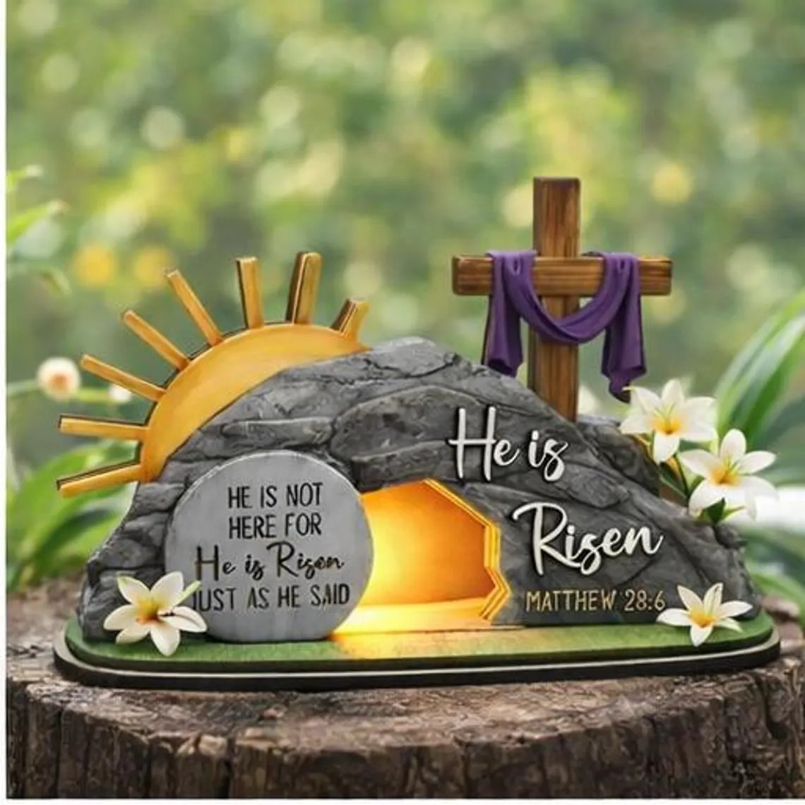 He Is Risen Lighted Easter Decor, Matthew 28:6 Empty Tomb Cross Table Sign, Christian Resurrection Scene Shelf Display, Religious Spring Home Accent, Faith Gift