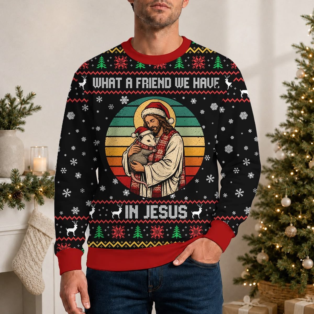 What a Friend We Have in Jesus Ugly Christmas Sweater, Jesus and Lamb Christian Holiday Sweatshirt, Faith Gift XMASUS30