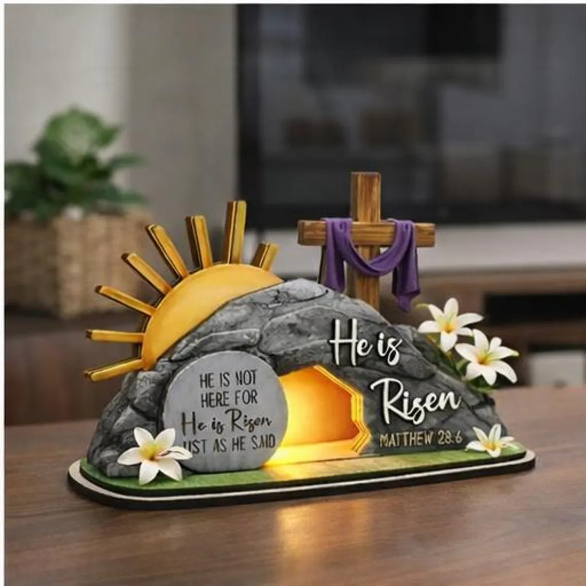 He Is Risen Lighted Easter Decor, Matthew 28:6 Empty Tomb Cross Table Sign, Christian Resurrection Scene Shelf Display, Religious Spring Home Accent, Faith Gift