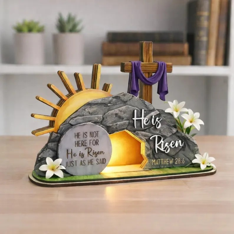 He Is Risen Lighted Easter Decor, Matthew 28:6 Empty Tomb Cross Table Sign, Christian Resurrection Scene Shelf Display, Religious Spring Home Accent, Faith Gift