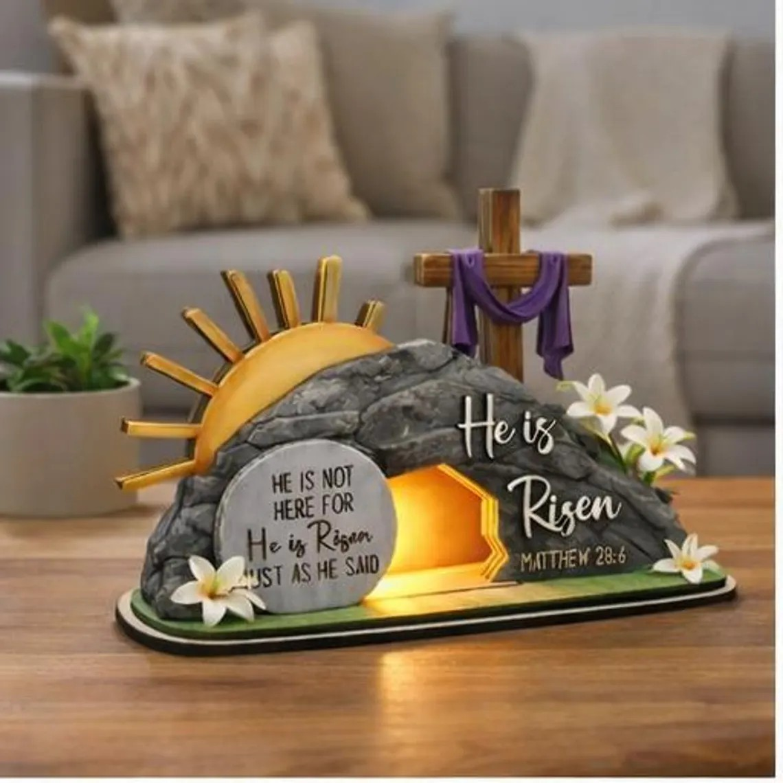He Is Risen Lighted Easter Decor, Matthew 28:6 Empty Tomb Cross Table Sign, Christian Resurrection Scene Shelf Display, Religious Spring Home Accent, Faith Gift