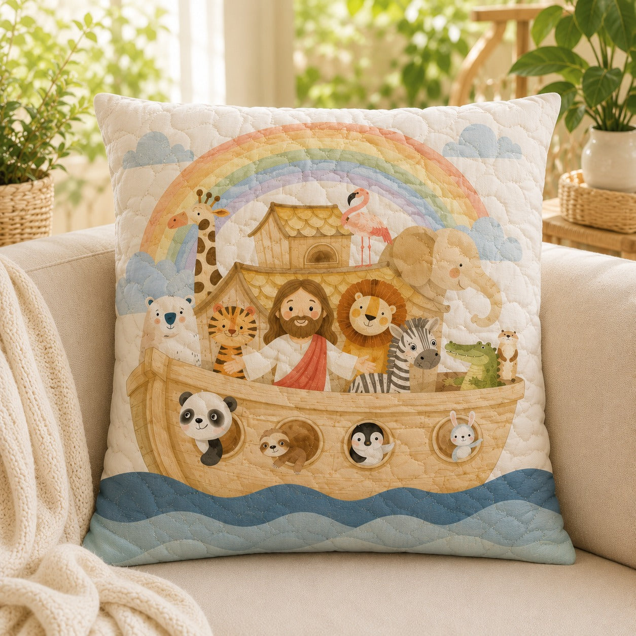 Noah’s Ark Quilted Pillow Case, Christian Kids Pillow Cover, Rainbow Animal Bible Nursery Decor, Religious Gift for Children QPILLOW29